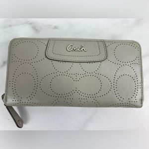 COACH Leather Perforated Signature Zip Around Wallet Gray